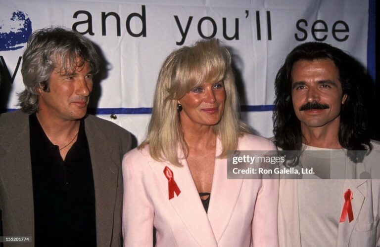 Actor Richard Gere, actress Linda Evans and musician Yanni attend the 94.7 KTWV-FM Radio Donates $200,000 Check to the American Foundation for AIDS Research (amfAR) on June 19, 1993 at the Greek Theatre in Hollywood, California. (Photo by Ron Galella, Ltd./Ron Galella Collection via Getty Images)