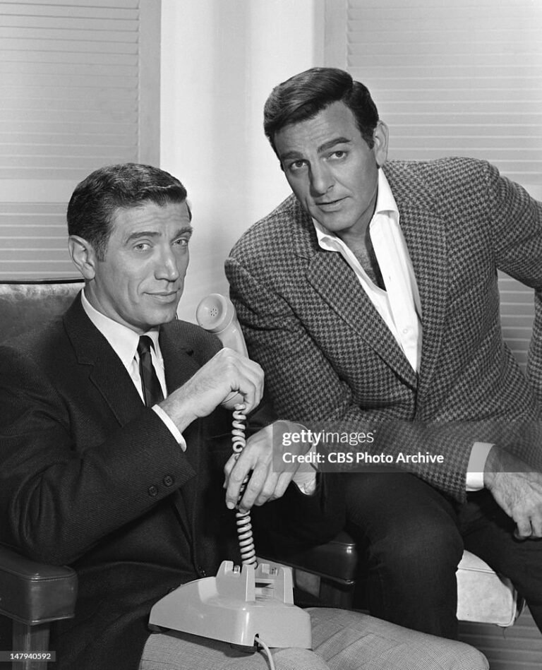 LOS ANGELES - JULY 7: MANNIX Joseph Campanella as Lou Wickersham, right, and Mike Connors as Joe Mannix. Image dated July 7, 1967. (Photo by CBS via Getty Images)