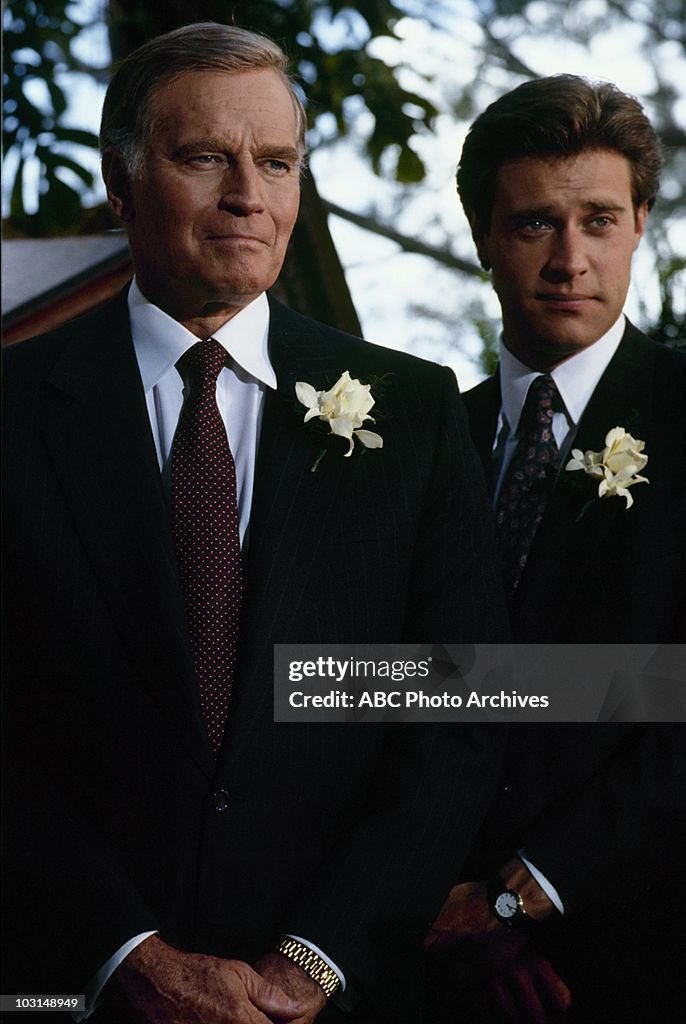 THE COLBYS - "Answered Prayers" - Airdate February 26,1987. (Photo by ABC Photo Archives/Disney General Entertainment Content via Getty Images) CHARLTON HESTON;JOHN JAMES