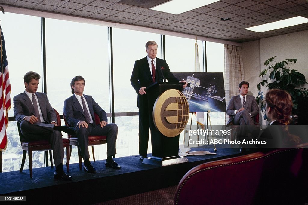 THE COLBYS - "Something Old, Something New"- Airdate October 23, 1986 (Photo by ABC Photo Archives/Disney General Entertainment Content via Getty Images) MAXWELL CAULFIELD;JAMES HOUGHTON;CHARLTON HESTON;JOHN JAMES
