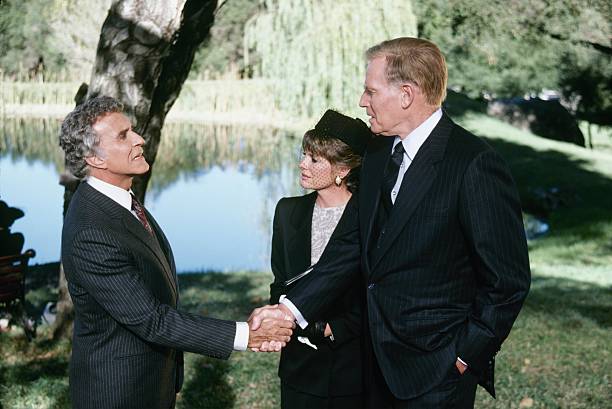 THE COLBYS - "The Legacy" - Airdate January 8, 1987. (Photo by ABC Photo Archives/Disney General Entertainment Content via Getty Images) RICARDO MONTALBAN;KATHERINE ROSS;CHARLTON HESTON