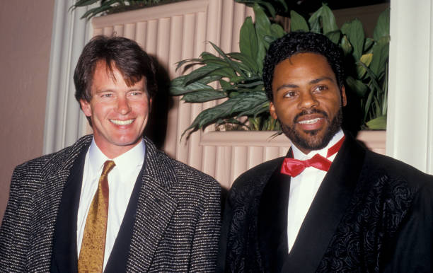 BEVERLY HILLS, CA - APRIL 5: Actors Gordon Thomson and Richard Lawson attending "Wrap Party for Dynasty" on April 5, 1987 at the Beverly Hills Hotel in Beverly Hills, California. (Photo by Ron Galella, Ltd./Ron Galella Collection via Getty Images)