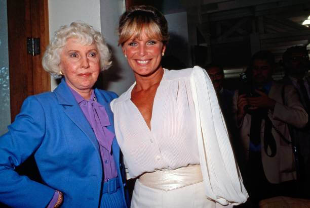 LOS ANGELES - SEPTEMBER 19: Actresses Barbara Stanwyck and Linda Evans attend a private showing of "The Dynasty Collection" on Sept 19, 1987 in Los Angeles, California. The showing is to showcase some of the costumes designed by Nolan Miller, that appear on the series. (Photo by Joan Adlen/Getty Images)