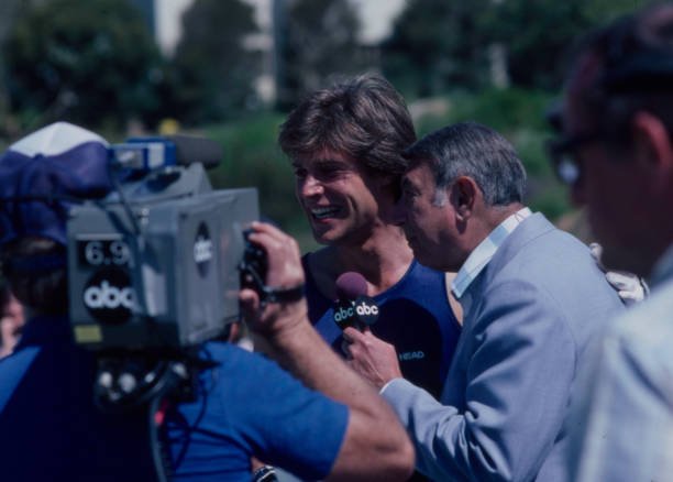 Malibu, CA - 1978: (L-R) John James, Howard Cosell appearing in the ABC tv special 'Battle of the Network Stars IV'. (Photo by American Broadcasting Companies via Getty Images)