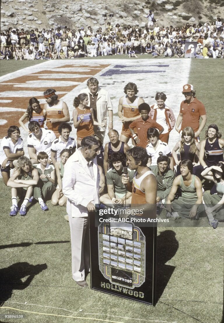 UNITED STATES - MAY 07:  BATTLE OF THE NETWORK STARS - 5/7/79, NBC Team (top): Mary Crosby, William Devane, Brianne Leary (John Madden is behind her), Greg Evigan, Todd Bridges, Jane Curtin, Gary Sandy; Disney General Entertainment Content via Getty Images Team: Richard Hatch, Robert Urich, Billy Crystal, Dick Van Patten, Scott Baio, Susan Richardson, Toni Tennille; CBS team: Leif Garrett, Victoria Principal, Catherine Bach, Patrick Duffy, Jamie Farr, Gary Sandy, Valerie Bertinelli; host Howard Cosell talks with NBC team member Robert Conrad at Pepperdine University for "Battle of the Network Stars VI".,  (Photo by ABC Photo Archives/Disney General Entertainment Content via Getty Images)