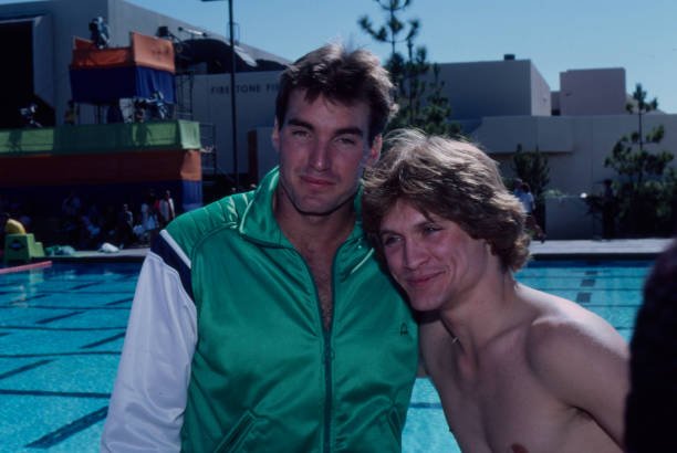 Los Angeles, CA - 1981: (L-R) Sam J Jones, Andrew Stevens appearing on the ABC tv special 'Battle of the Network Star XI'. (Photo by George Long /American Broadcasting Companies via Getty Images)