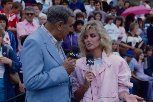 Malibu, CA - 1983: (L-R) Morgan Fairchild, Donna Mills appearing on the ABC tv special 'Battle of the Network Stars XIV', at Pepperdine University. (Photo by Bob Long /American Broadcasting Companies via Getty Images)
