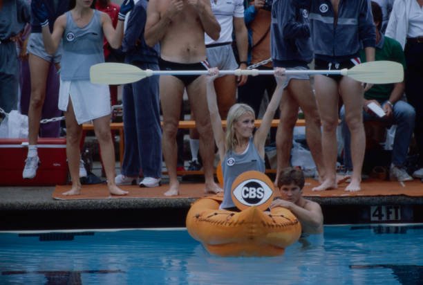 Malibu, CA - 1983: (L-R) Joan Van Ark, Andrew Stevens appearing on the ABC tv special 'Battle of the Network Stars XIV', at Pepperdine University. (Photo by Bob Long /American Broadcasting Companies via Getty Images)