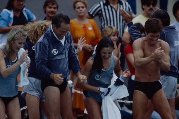 Malibu, CA - 1983: (L-R) Joan Van Ark, Robert Frank, Rosalind Chao, Andrew Stevens appearing on the ABC tv special 'Battle of the Network Stars XIV', at Pepperdine University. (Photo by Bob Long /American Broadcasting Companies via Getty Images)