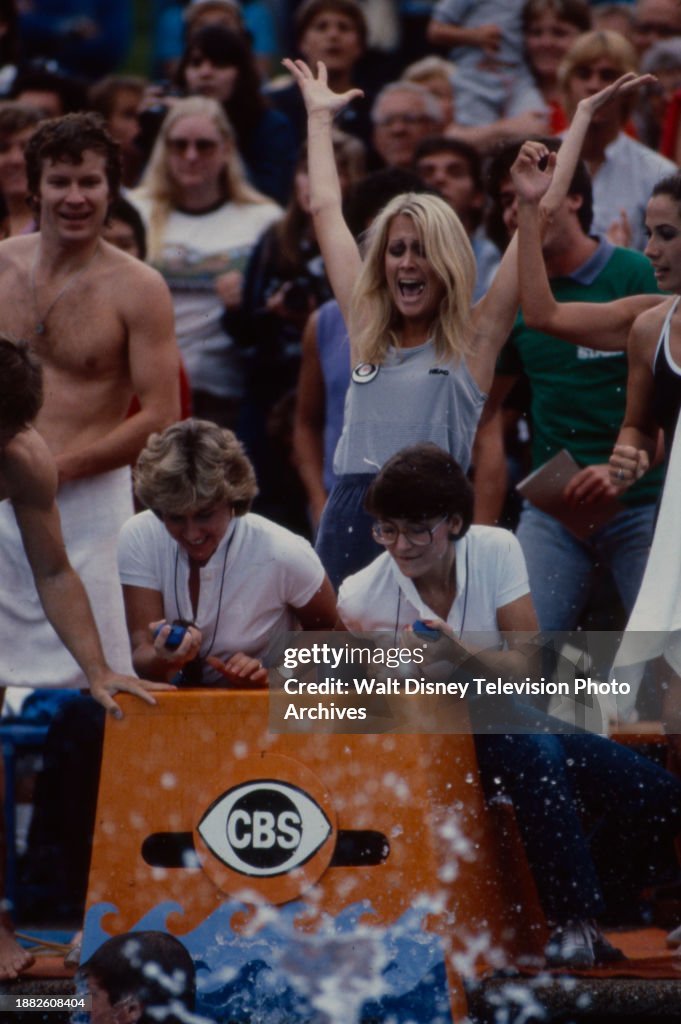 Malibu, CA - 1983: (L-R) David Hugh Kelly, Joan Van Ark appearing on the ABC tv special 'Battle of the Network Stars XIV', at Pepperdine University. (Photo by Bob Long /American Broadcasting Companies via Getty Images)