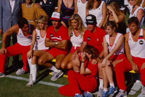 Malibu, CA - 1984: (Not In Order) William Shatner, Douglas Barr, Mary Cadorette, Tony Danza, Tony Lo Bianco, Heather Locklear, Tracy Scoggins, Brenda Vaccaro appearing on the ABC tv special 'Battle of the Network Stars XIV', at Pepperdine University. (Photo by George Long /American Broadcasting Companies via Getty Images)