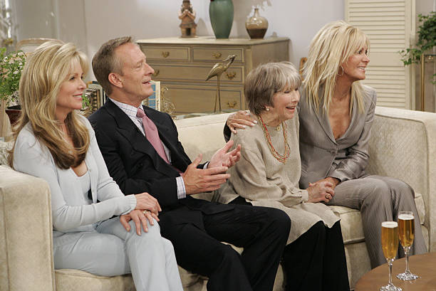 LOS ANGELES - JUNE 20:  KNOTS LANDING REUNION: TOGETHER AGAIN, a new entertainment special that reunites original cast members at the infamous cul-de-sac to celebrate and reminisce about the days they spent on the long-running series, will be broadcast Friday, Dec. 2 (9:00-11:00 PM, ET/PT) on the CBS Television Network.  "Knots Landing," which aired from 1979-80 through the 1992-93 season, is television's third longest-running one-hour primetime drama (tied with "Dallas" and "Bonanza"). Pictured here, from left: Lisa Hartman, Ted Shackelford, Julie Harris, and Joan Van Ark.  (Photo by Cliff Lipson/CBS Photo Archive via Getty Images)